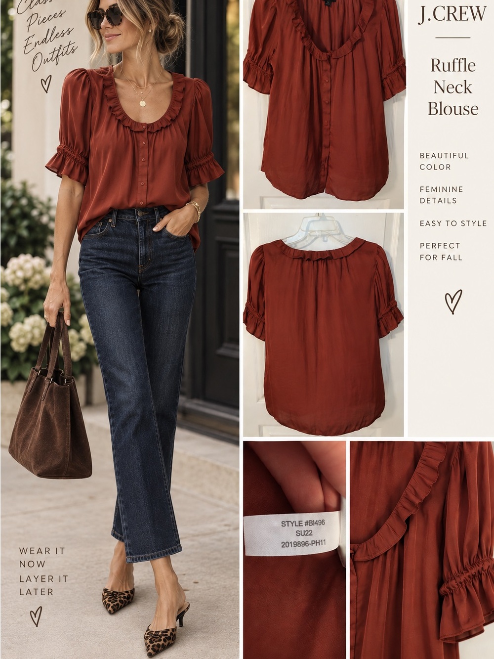 J. Crew Ruffled Neck Short-Sleeve Blouse in Rust